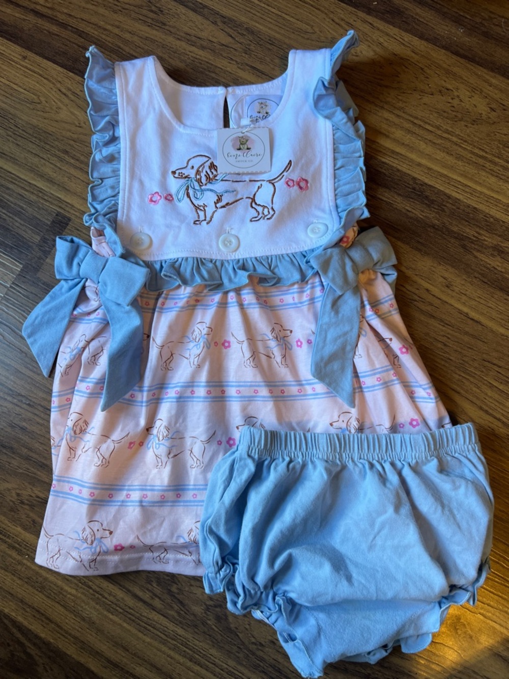 Sweet Pink & Blue Puppy Sundress with Blue Bloomers
